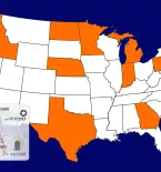 Driver's License, Various States Highlighted on Map (ID, TX, ND, IN, GA, NE, MN, MI, NH, PA)