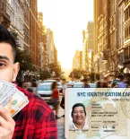 Illegal Alien with IDNYC card, Illegal Alien Receiving handouts, NY streets background