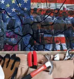 Workers, worker tools, cracked US flag