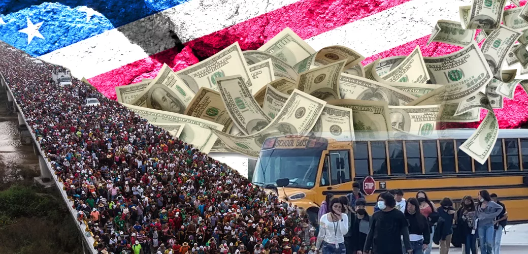 mass migration caravan, school bus and children, tax money