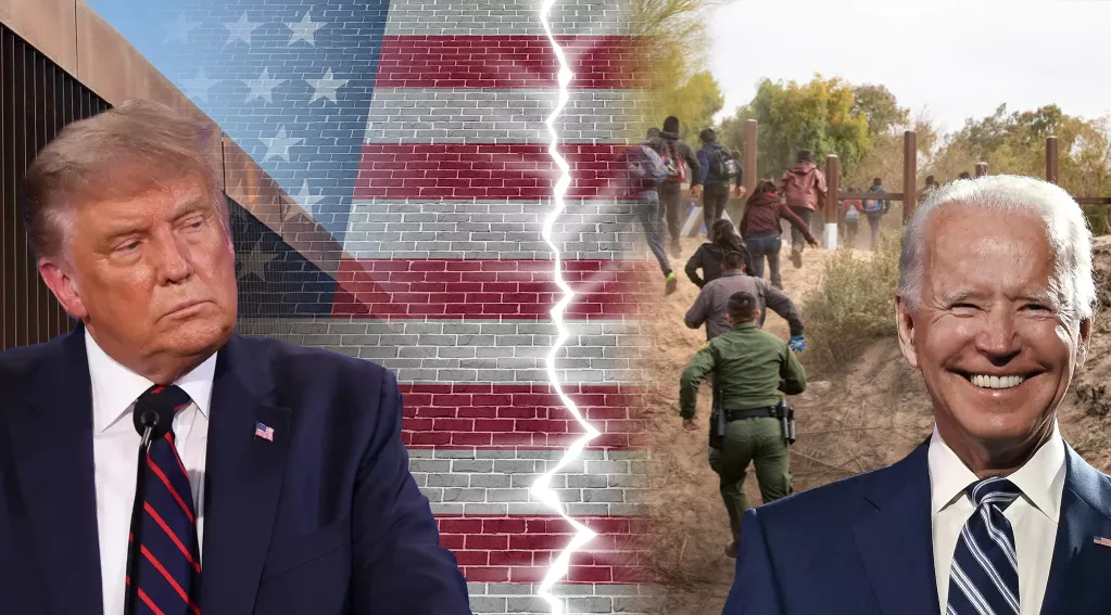 Donald Trump, Border Wall, Cracked American Flag, Biden with Migrants