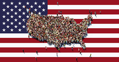 Crowd of people forming U.S. map on American flag background
