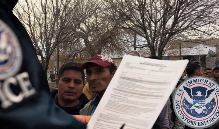 Ice Officer With Document, ICE Logo, Migrants