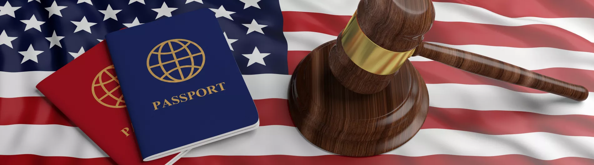 United States flag with passport and gavel