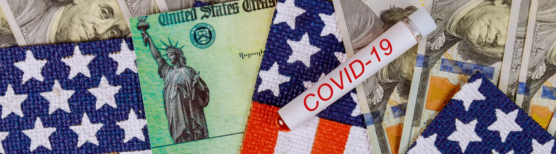 Stimulus check, money and American flags