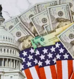 U.S. Capitol, stimulus checks, money and American flag