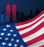 United States flag and cityscape of New York City
