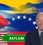 Nicaragua Flag, Cuba Flag, Venezuela Flag, Haiti Flag, US Flag, Overcrowded abstract US Map, Biden grinning, Asylum sign pointing to USA