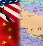 US flag cracked, China flag and map