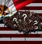 Map of US as people, question marks above said map, US flag stripes as background, partial Mexican flag overlay in top left corner