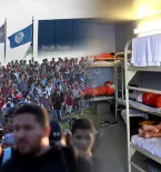 migrant caravan, US and Texas flags, Migrant Detention Facility, Migrants in Facility Beds