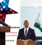 NYU Professor Mead, His Book Cover, Statue of Liberty Sinking, Mayor Adams, Bus of Migrants
