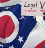 Ohio State Flag, map of Multnomah County, Oregon, and man holding sign that reads "legal votes only"