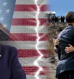trump, wall, us flag cracked, biden obama hug, migrant processing at border