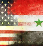 flags of USA and Syria fading together