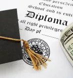 Graduation cap, diploma and cash