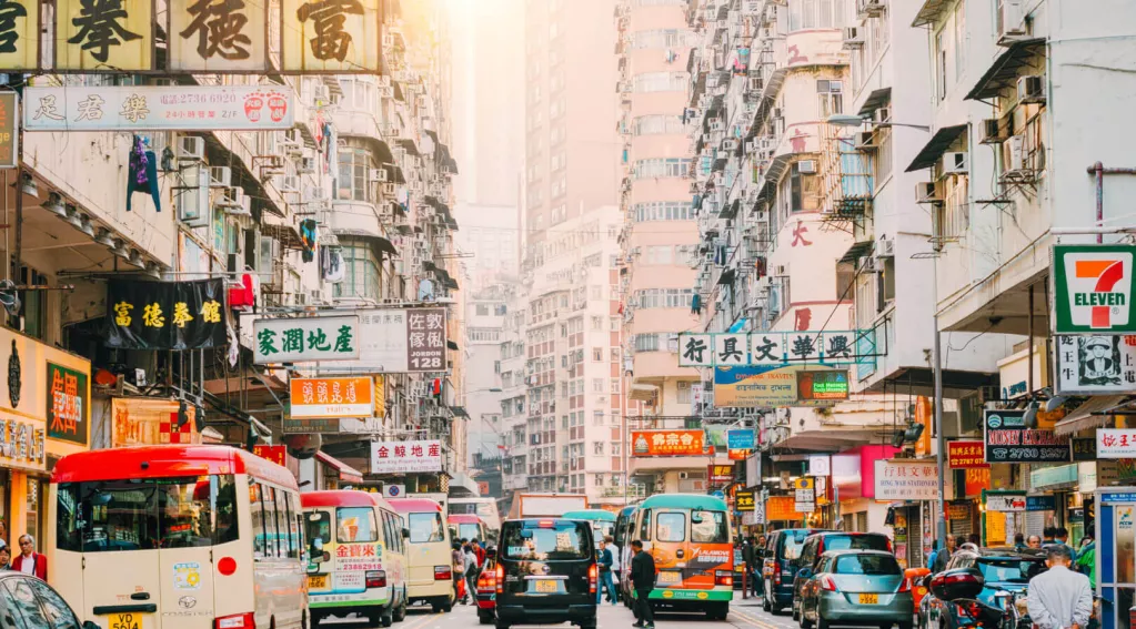 Hong Kong Street Scene, Mongkok District with busses