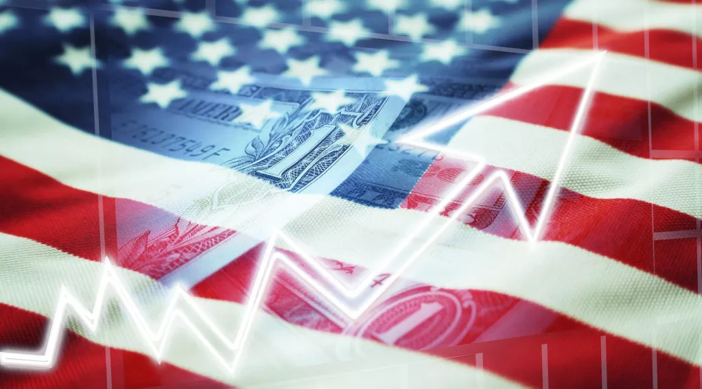 United States flag and U.S. currency with upward arrow