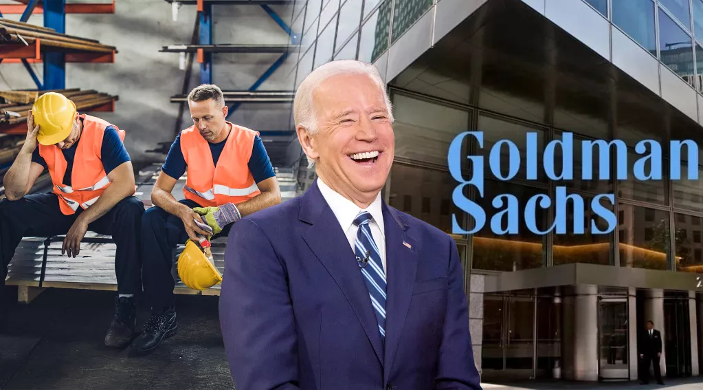 Biden laughing, discouraged American workers, Goldman Sachs office building