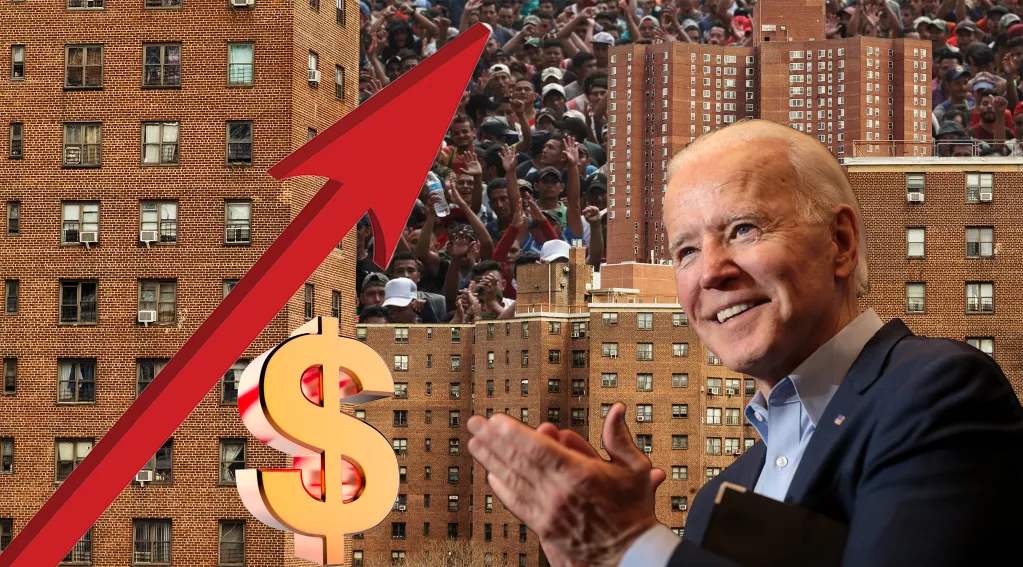 Biden, Arrow Pointing Up, Money Sign, Migrants, Apartment buildings