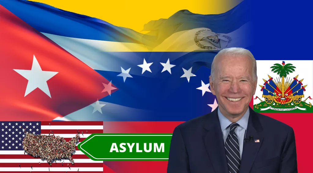 Nicaragua Flag, Cuba Flag, Venezuela Flag, Haiti Flag, US Flag, Overcrowded abstract US Map, Biden grinning, Asylum sign pointing to USA