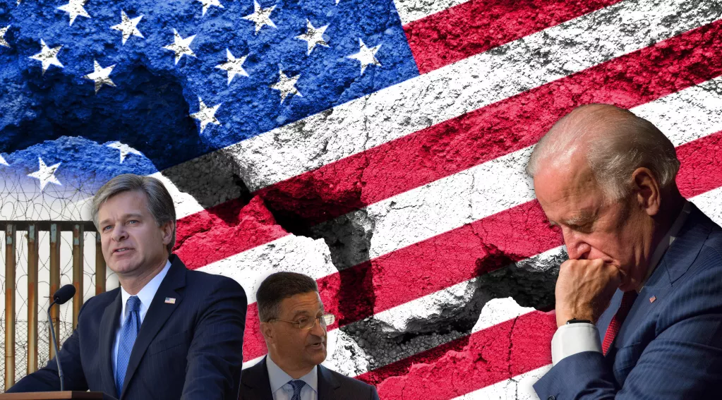 Biden, Christopher Wray, Joseph Cuffari, broken US flag, border wall