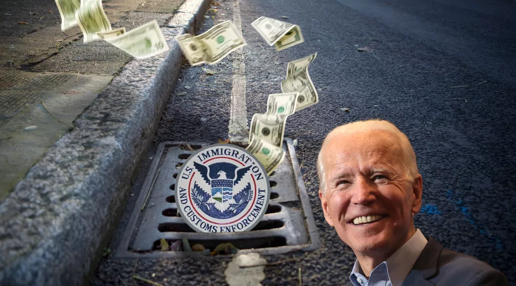 Biden, Money and ICE logo flying down street gutter drain