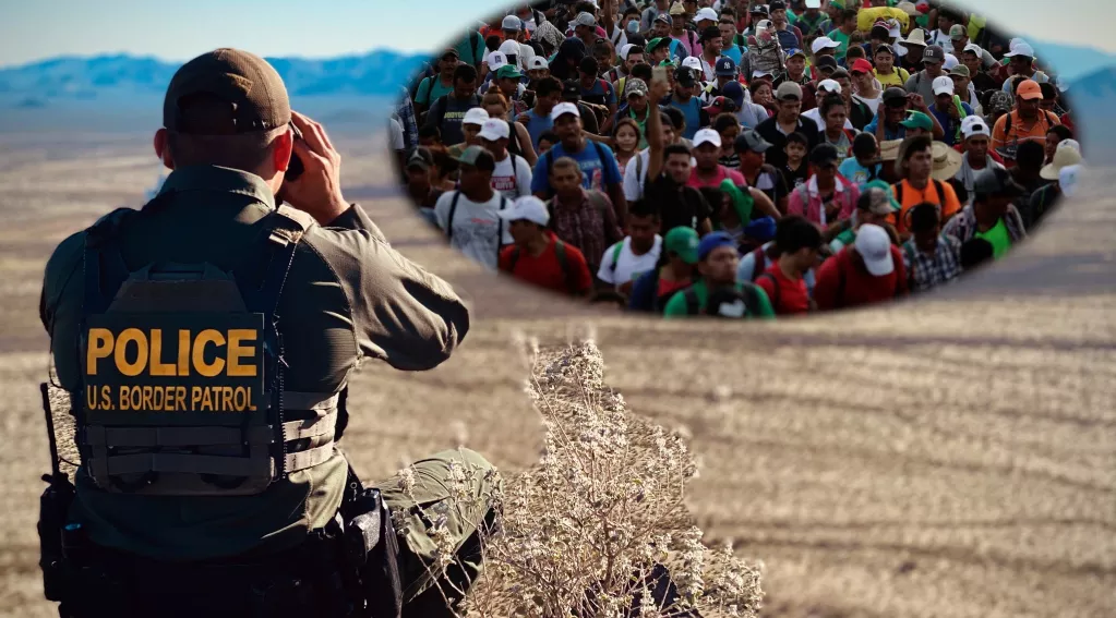 Border Patrol Agent Looking Through Binoculars at Large Amount of Migrants