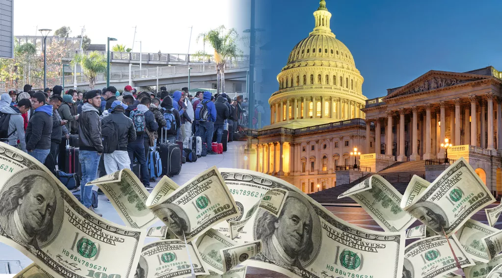 migrants in a line, US Capitol, and money - appropriations