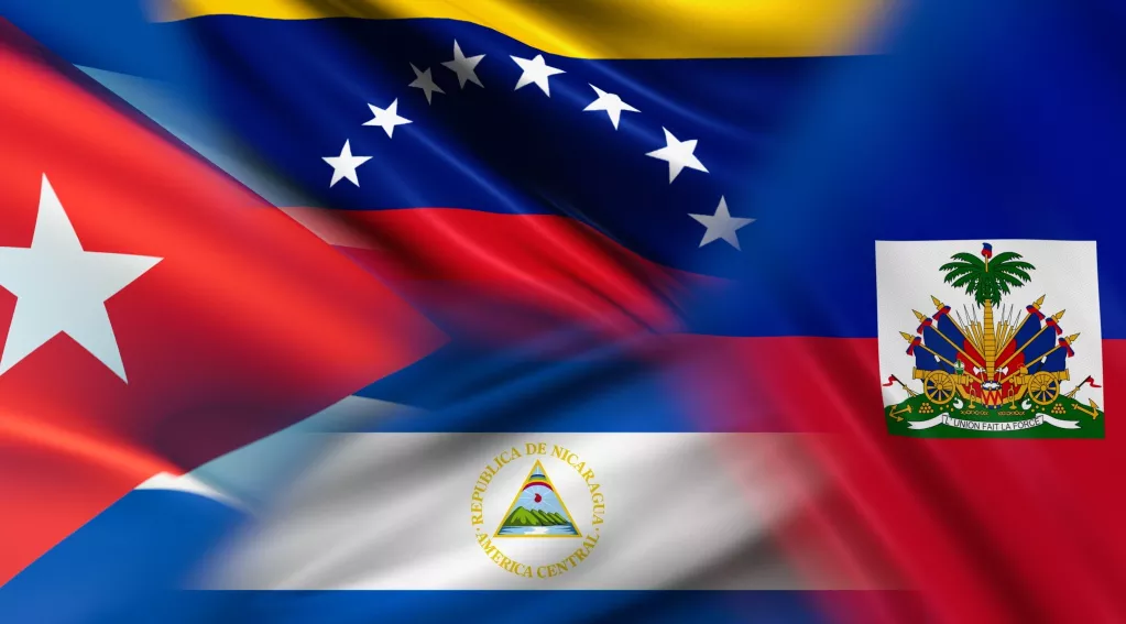 flags of Cuba, Venezuela, Haiti, and Nicaragua