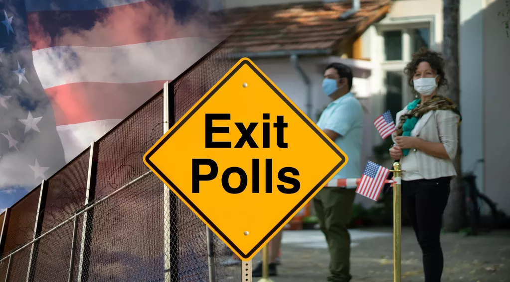 Exit Poll Sign, Border Wall, Flag Overlay, Hispanic Voters