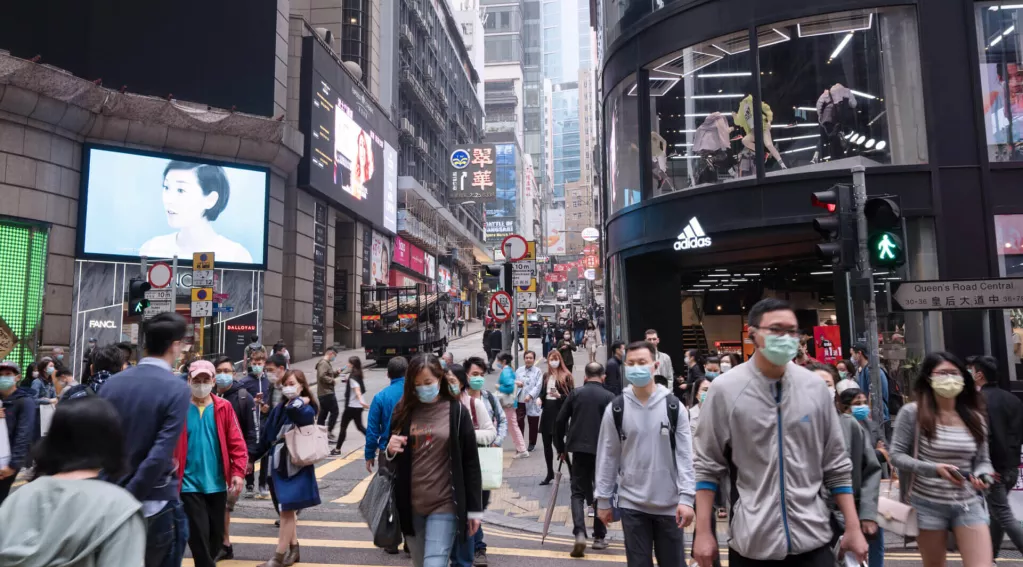 Hong Kong China Busy Street Covid Masks