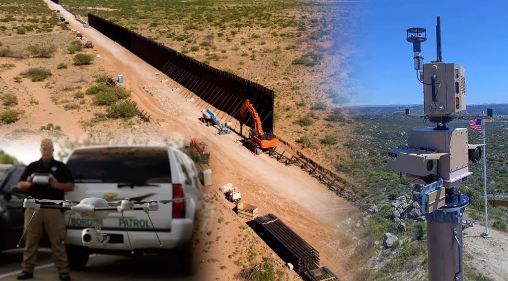 Border Patrol agent flying drone, border wall construction, surveillance