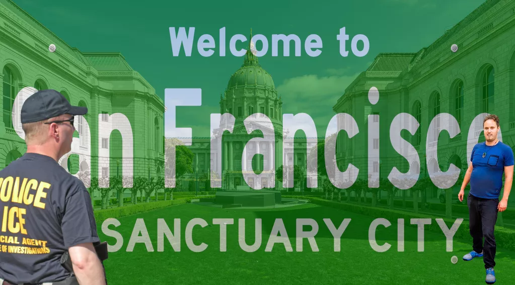 San Francisco Sanctuary City Sign, San Francisco City Hall, ICE Agent eyeing DePape (Paul Pelosi Attacker)