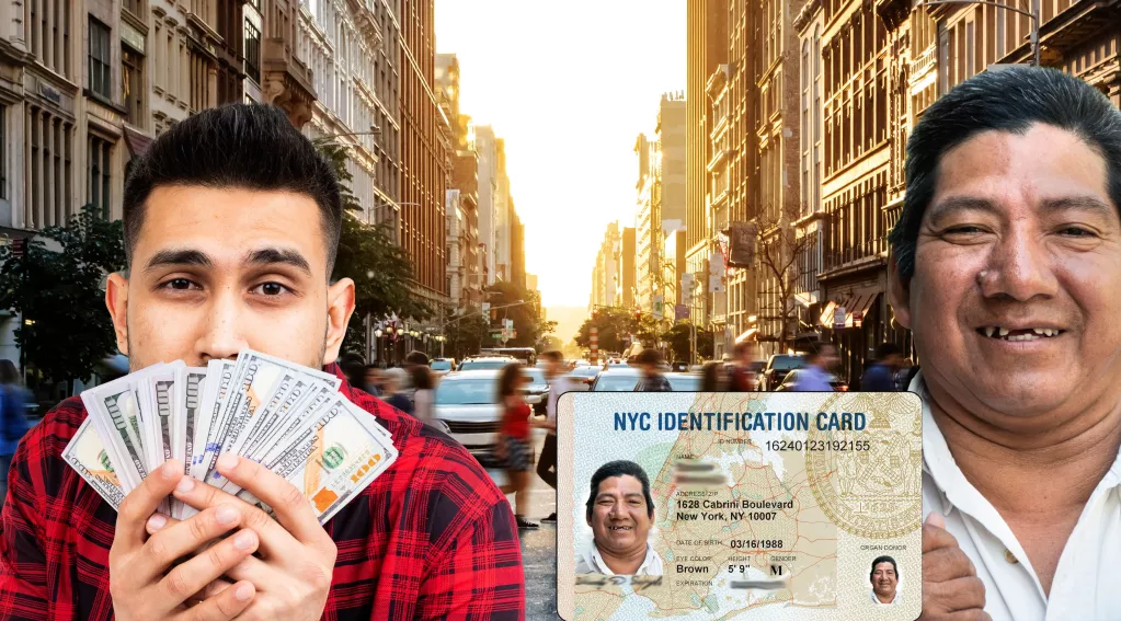 Illegal Alien with IDNYC card, Illegal Alien Receiving handouts, NY streets background