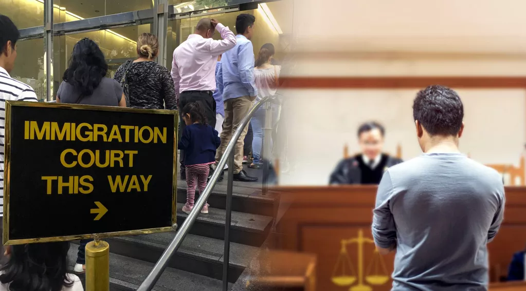 immigration court sign, immigration court line, judge addressing migrant in courtroom