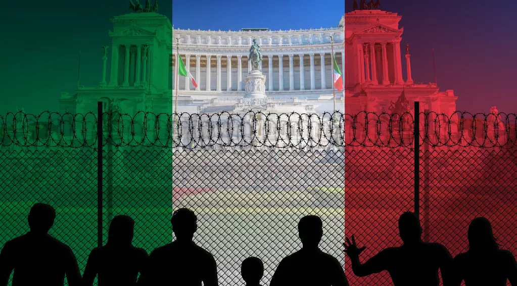 Italian Parliament Building, Italian Flag Overlay, Fence Keeping Migrants Out