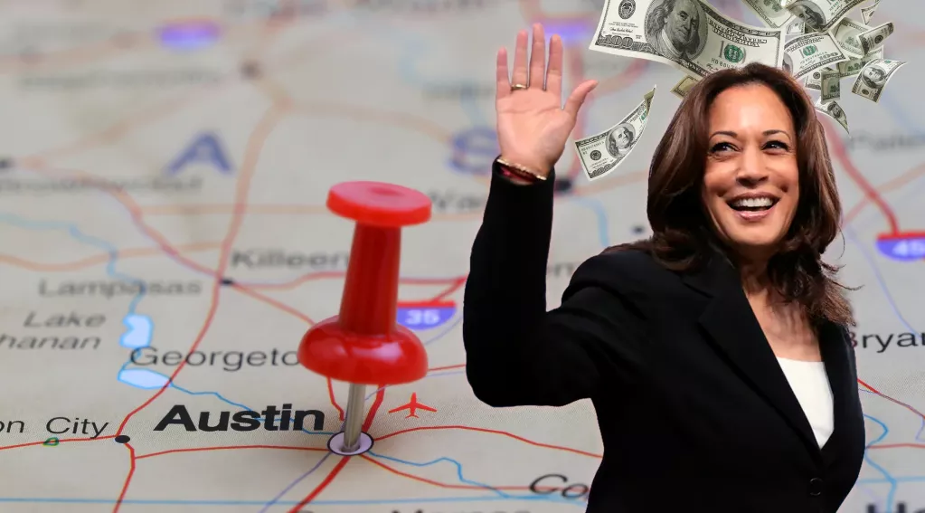 Kamala With Money with Austin Texas Map in background