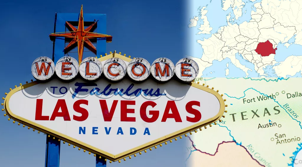 Welcome Las Vegas sign, map of texas, Romania highlighted on map of Europe