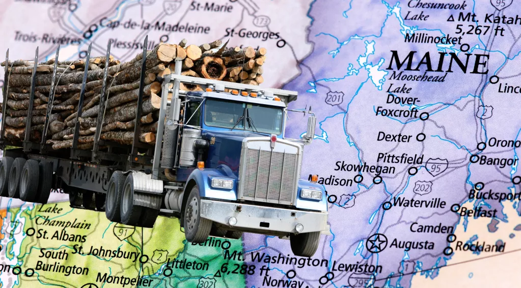 logging truck, map of Maine