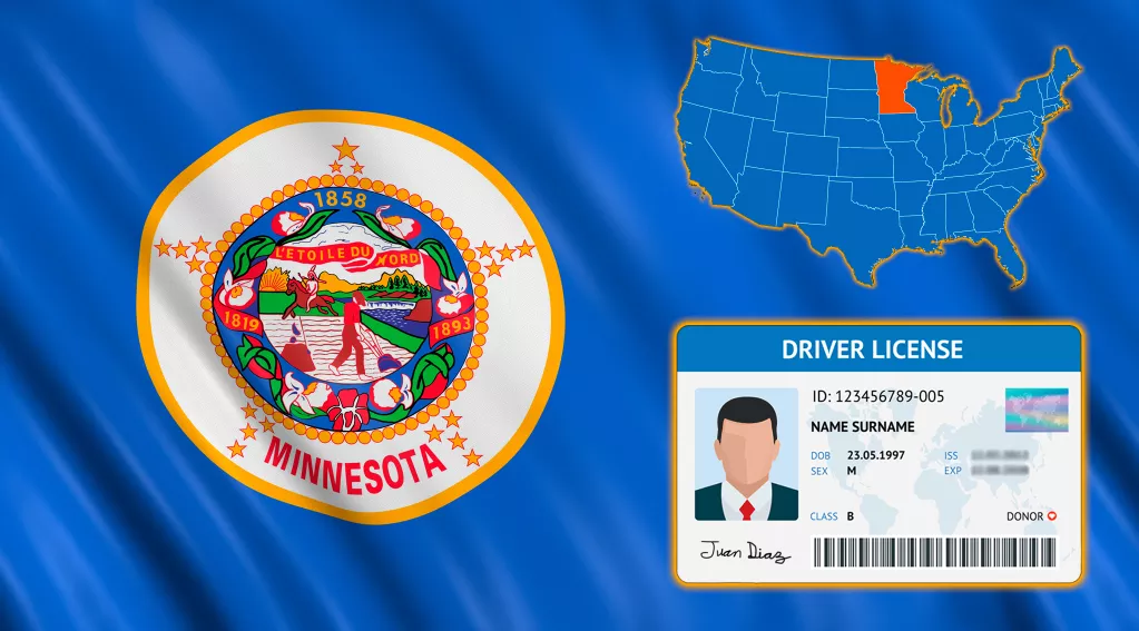 Minnesota flag, driver's license, minnesota on US map