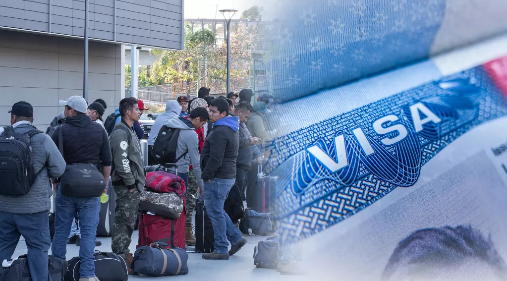 foreign workers in a line displayed and a visa