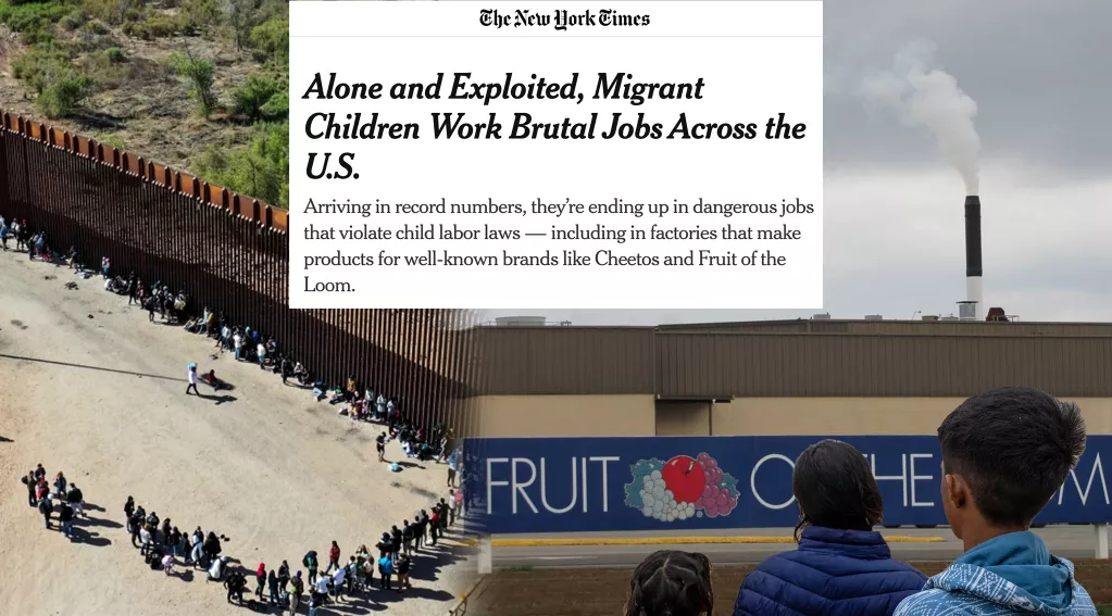 New York Times headline, migrant children exploited