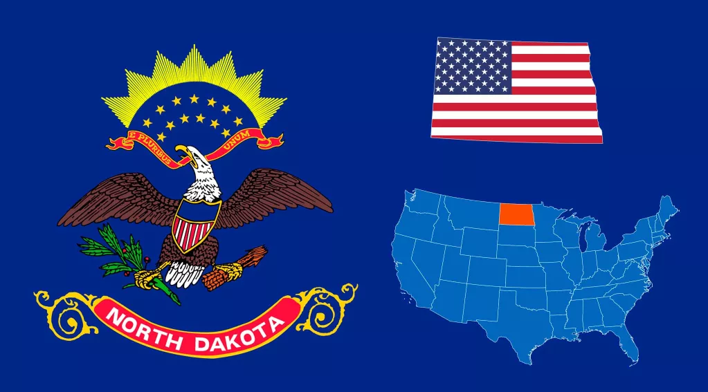 North Dakota Flag, State outline in U.S. Flag, State on Map