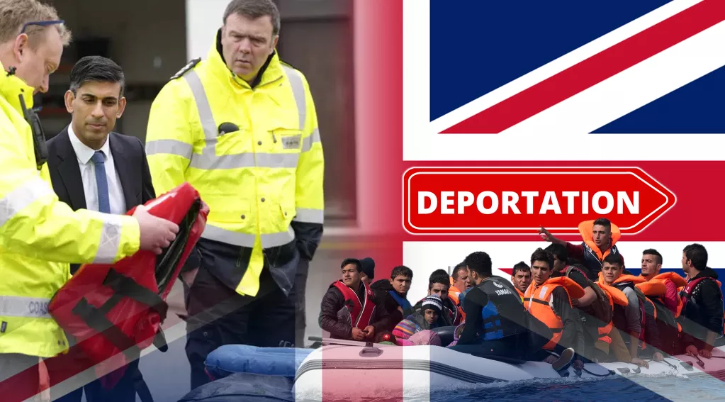 Rishi Sunak, UK British Flag, lifevest, migrants on boat, deportation sign