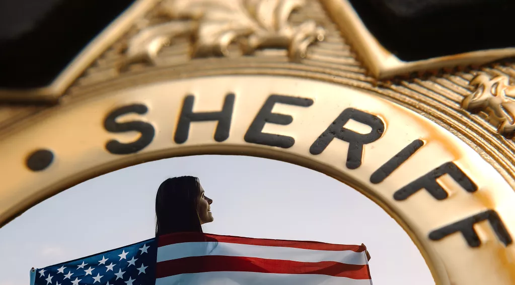 Patriotic Young Woman/Girl, American Flag, Sheriff Badge