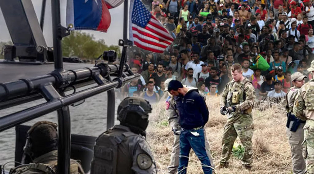 Texas Troops Patrolling Waters, Arresting an Illegal Alien, Many Illegal Aliens in background