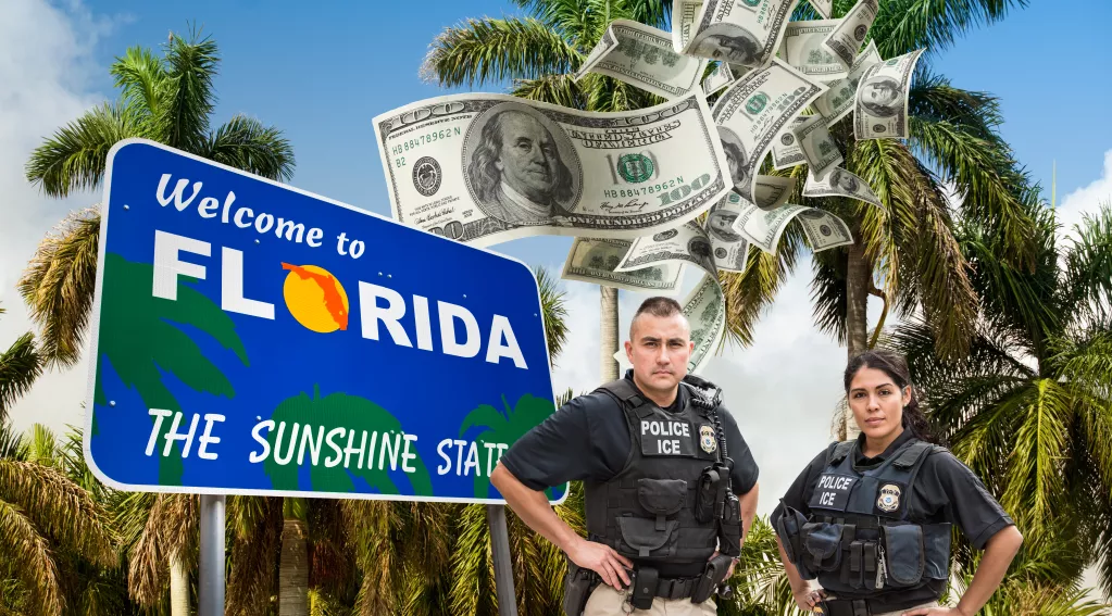 Welcome to Florida sign, ICE officers, flying money