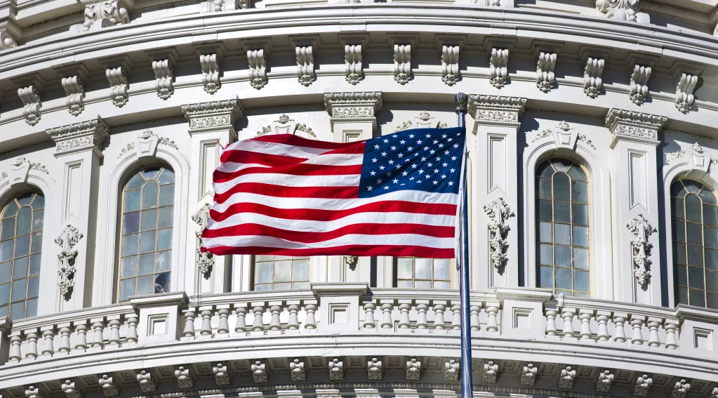 U.S. flag in front of U.S. Capitol